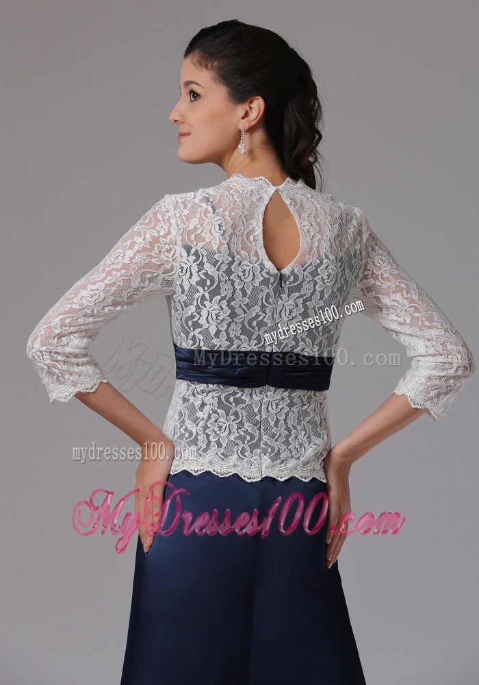 Navy Blue Mother Of The Bride Dress with White Lace Covered Top