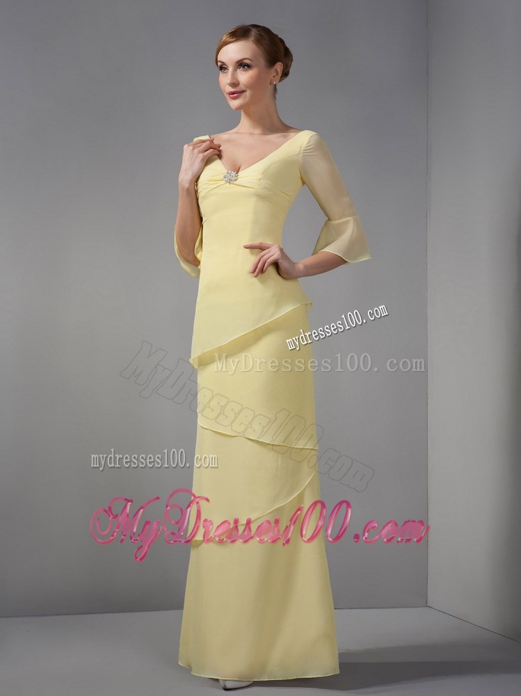 Yellow Column V-neck Ankle-length Ruche Mother of the Bride Dress