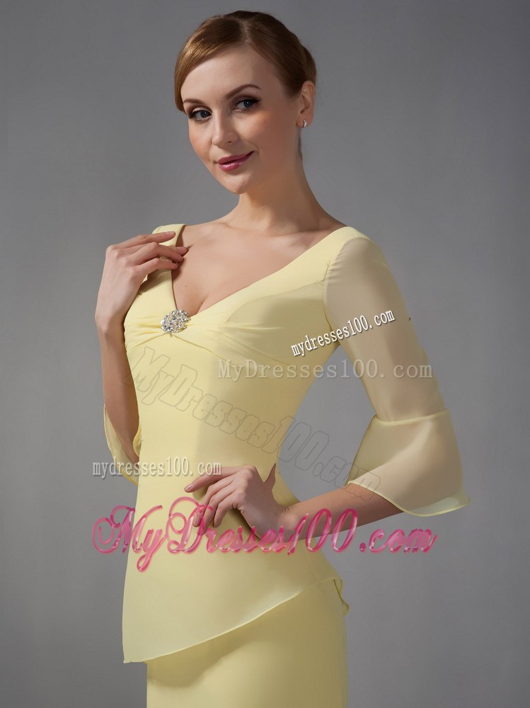 Yellow Column V-neck Ankle-length Ruche Mother of the Bride Dress