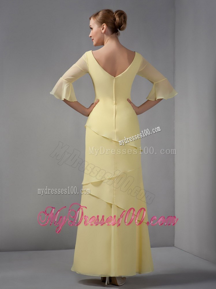 Yellow Column V-neck Ankle-length Ruche Mother of the Bride Dress