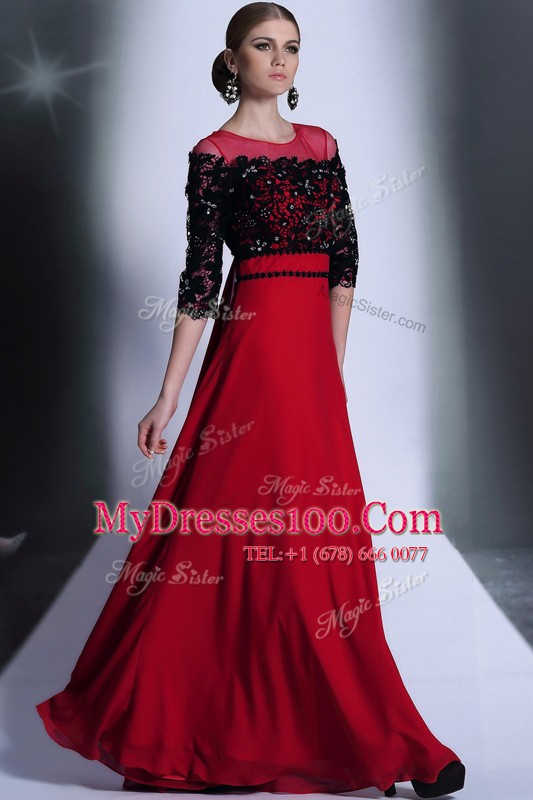 Red And Black Clasp Handle Scoop Beading and Appliques Prom Dress Chiffon 3 4 Length Sleeve