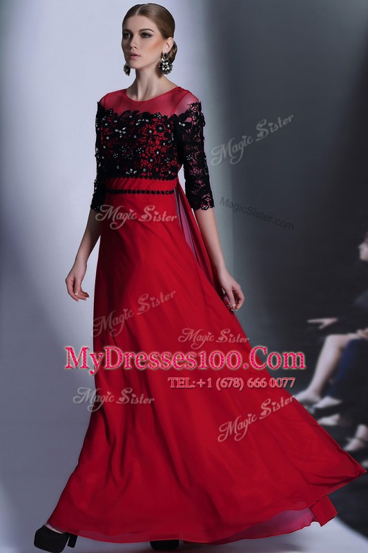 Red And Black Clasp Handle Scoop Beading and Appliques Prom Dress Chiffon 3 4 Length Sleeve