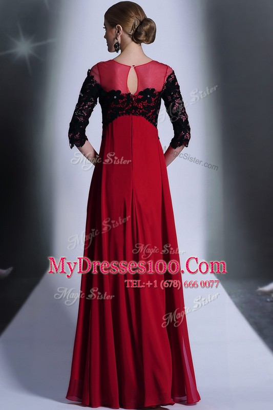 Red And Black Clasp Handle Scoop Beading and Appliques Prom Dress Chiffon 3 4 Length Sleeve