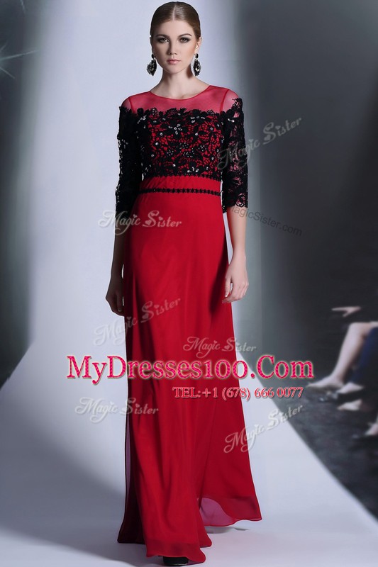 Red And Black Clasp Handle Scoop Beading and Appliques Prom Dress Chiffon 3 4 Length Sleeve