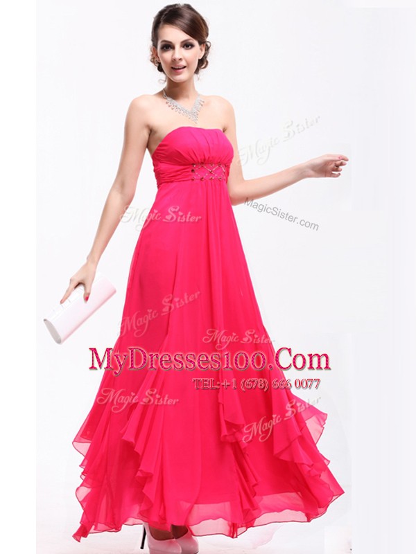 Hot Pink Chiffon Zipper Prom Dress Sleeveless Ankle Length Beading and Ruching