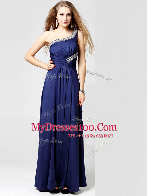 Elegant One Shoulder Blue Side Zipper Beading and Ruching Sleeveless Ankle Length