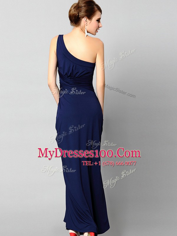 Elegant One Shoulder Blue Side Zipper Beading and Ruching Sleeveless Ankle Length