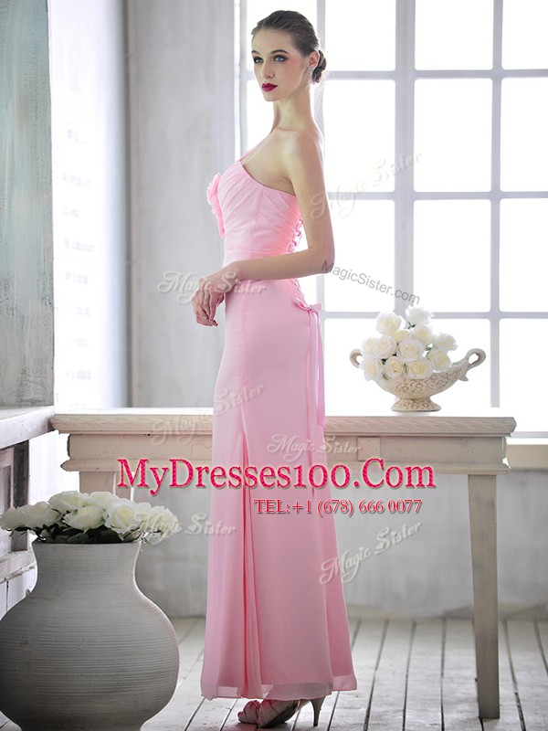 Eye-catching Baby Pink Column/Sheath One Shoulder Sleeveless Chiffon Ankle Length Lace Up Ruching and Hand Made Flower Homecoming Gowns