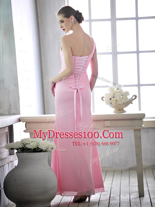 Eye-catching Baby Pink Column/Sheath One Shoulder Sleeveless Chiffon Ankle Length Lace Up Ruching and Hand Made Flower Homecoming Gowns
