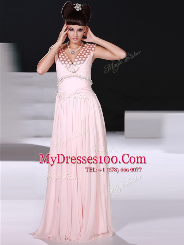 Stunning Floor Length Zipper Mother Of The Bride Dress Baby Pink for Prom and Party with Beading