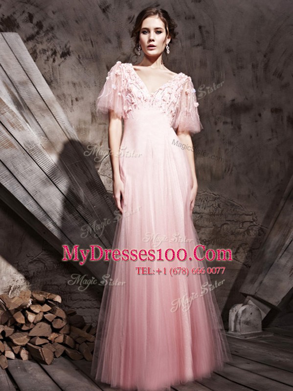 Modest Baby Pink V-neck Zipper Lace and Appliques Homecoming Dress Half Sleeves