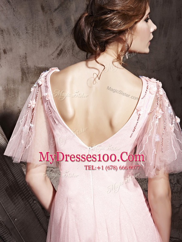 Modest Baby Pink V-neck Zipper Lace and Appliques Homecoming Dress Half Sleeves