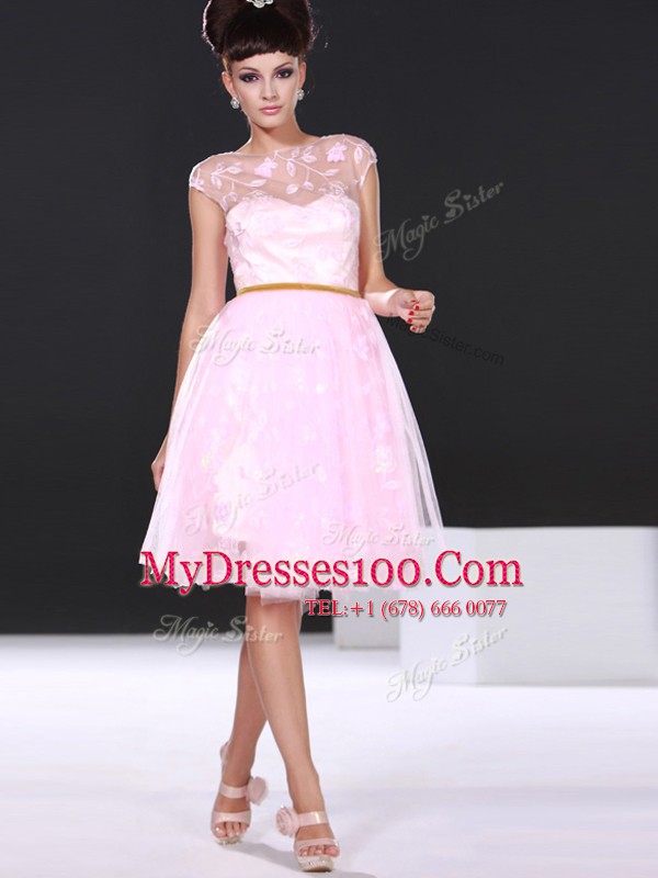 Fitting Scoop Baby Pink Zipper Cocktail Dress Lace Cap Sleeves Knee Length