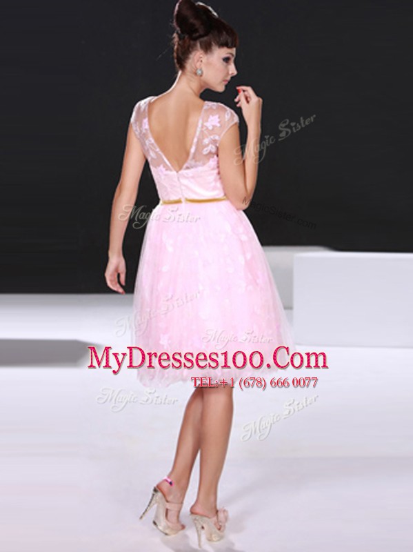 Fitting Scoop Baby Pink Zipper Cocktail Dress Lace Cap Sleeves Knee Length