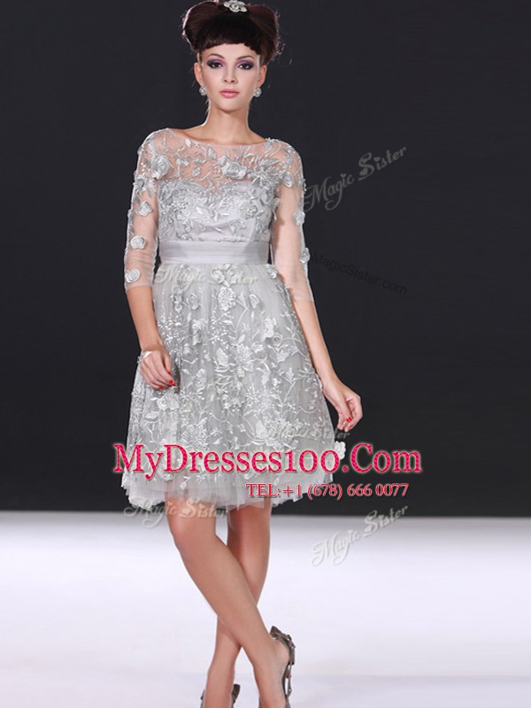 Spectacular 3 4 Length Sleeve Zipper Knee Length Beading and Lace Teens Party Dress