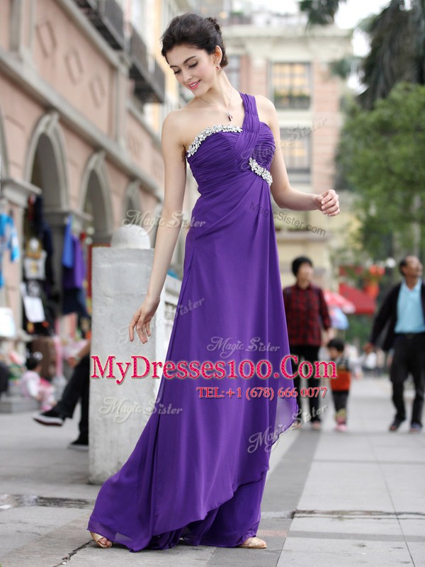 Purple One Shoulder Zipper Beading Prom Evening Gown Sleeveless