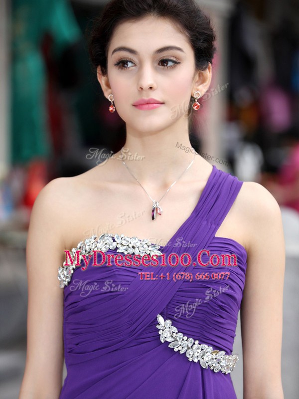 Purple One Shoulder Zipper Beading Prom Evening Gown Sleeveless