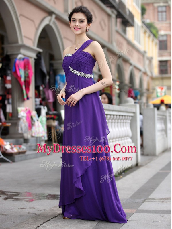 Purple One Shoulder Zipper Beading Prom Evening Gown Sleeveless