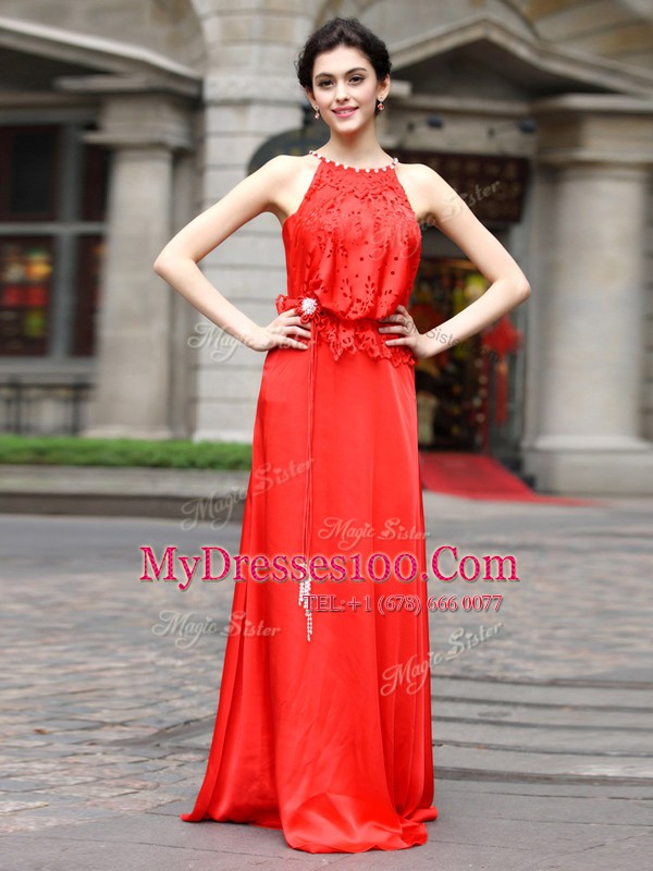 Coral Red Scoop Zipper Beading and Appliques Evening Outfits Sleeveless