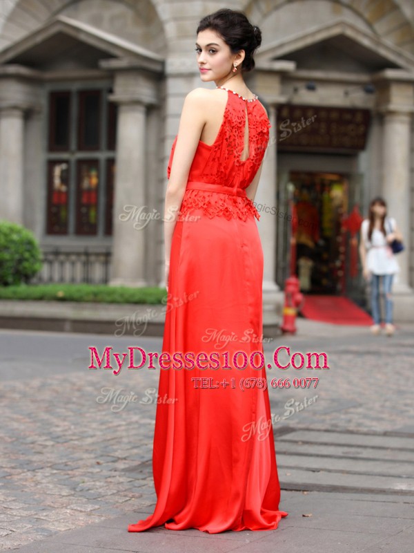 Coral Red Scoop Zipper Beading and Appliques Evening Outfits Sleeveless