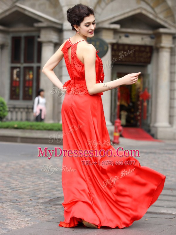 Coral Red Scoop Zipper Beading and Appliques Evening Outfits Sleeveless