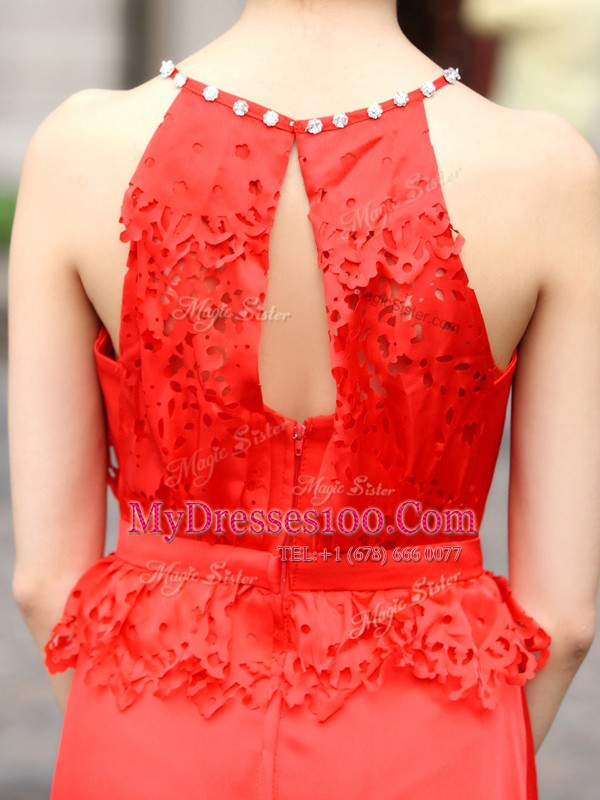 Coral Red Scoop Zipper Beading and Appliques Evening Outfits Sleeveless