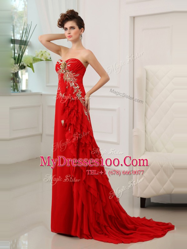 Custom Made Red Zipper Sweetheart Beading and Appliques and Ruffled Layers Prom Evening Gown Chiffon Sleeveless Brush Train