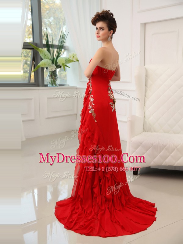 Custom Made Red Zipper Sweetheart Beading and Appliques and Ruffled Layers Prom Evening Gown Chiffon Sleeveless Brush Train