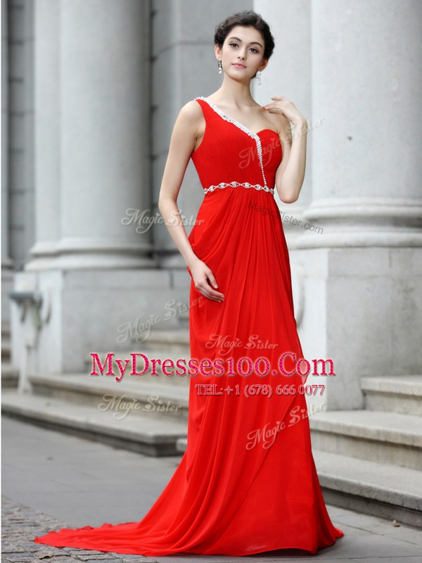 Fabulous One Shoulder Sleeveless Brush Train Zipper Prom Dress Red Chiffon