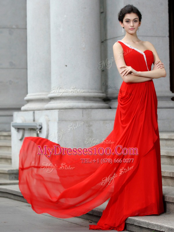 Fabulous One Shoulder Sleeveless Brush Train Zipper Prom Dress Red Chiffon