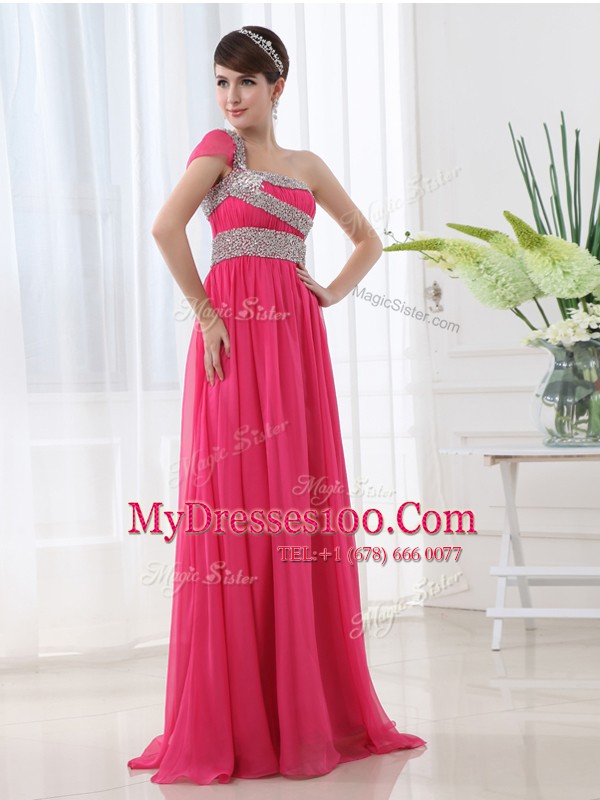 Excellent One Shoulder Beading and Ruching Mother Of The Bride Dress Hot Pink Side Zipper Cap Sleeves With Brush Train