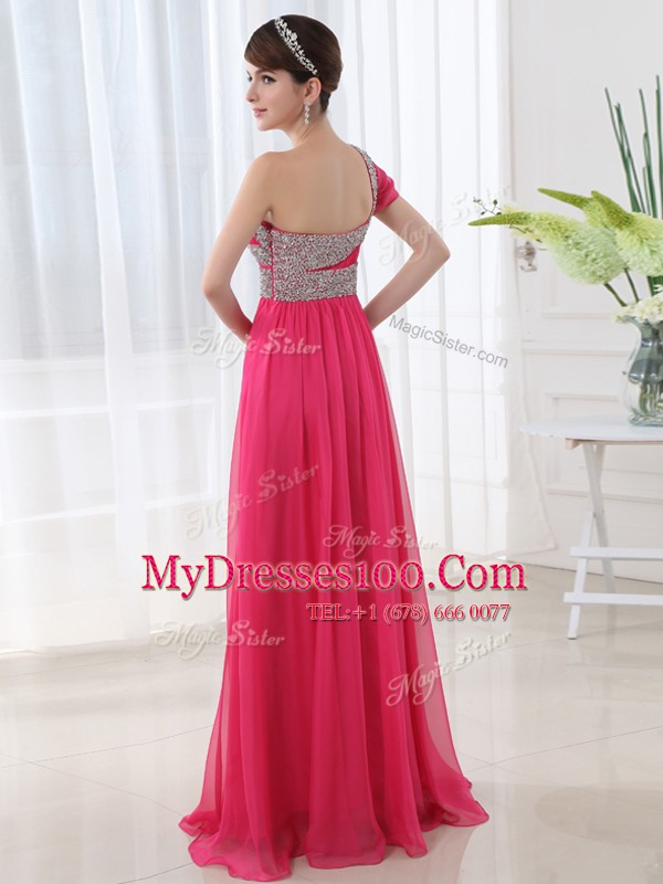 Excellent One Shoulder Beading and Ruching Mother Of The Bride Dress Hot Pink Side Zipper Cap Sleeves With Brush Train