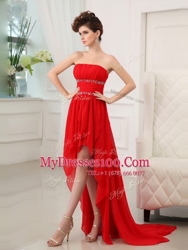 Red Column/Sheath Chiffon Strapless Sleeveless Beading and Ruffles High Low Zipper Prom Dress