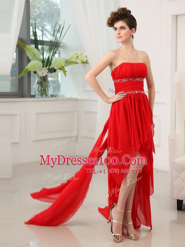 Red Column/Sheath Chiffon Strapless Sleeveless Beading and Ruffles High Low Zipper Prom Dress
