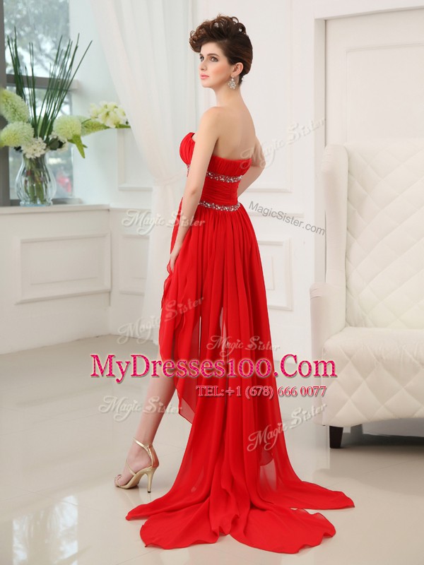 Red Column/Sheath Chiffon Strapless Sleeveless Beading and Ruffles High Low Zipper Prom Dress