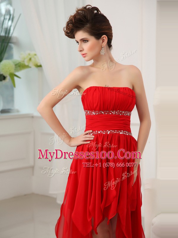 Red Column/Sheath Chiffon Strapless Sleeveless Beading and Ruffles High Low Zipper Prom Dress