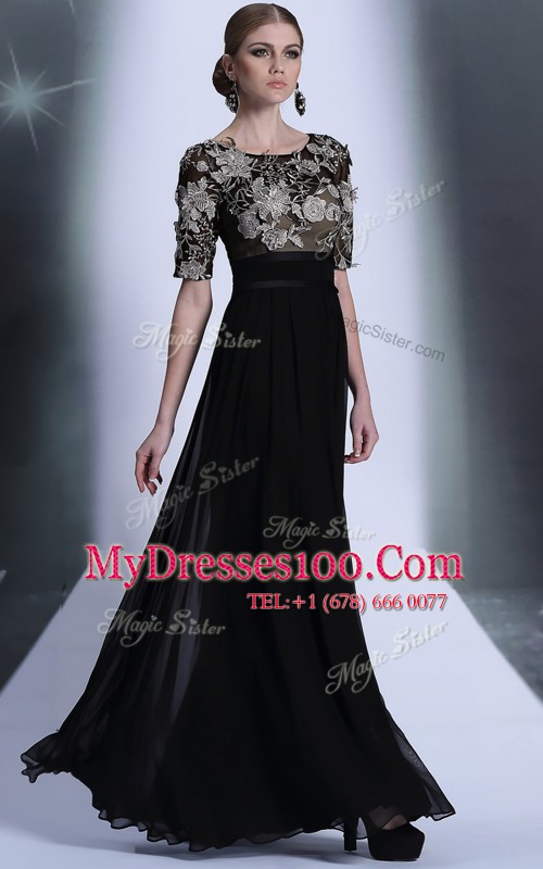Fancy Column/Sheath Prom Gown Black Scoop Chiffon Half Sleeves Floor Length Zipper