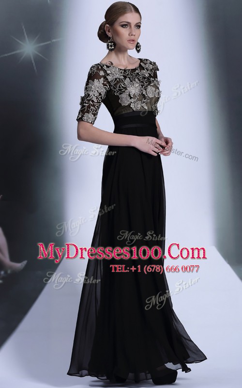 Fancy Column/Sheath Prom Gown Black Scoop Chiffon Half Sleeves Floor Length Zipper