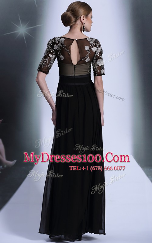 Fancy Column/Sheath Prom Gown Black Scoop Chiffon Half Sleeves Floor Length Zipper