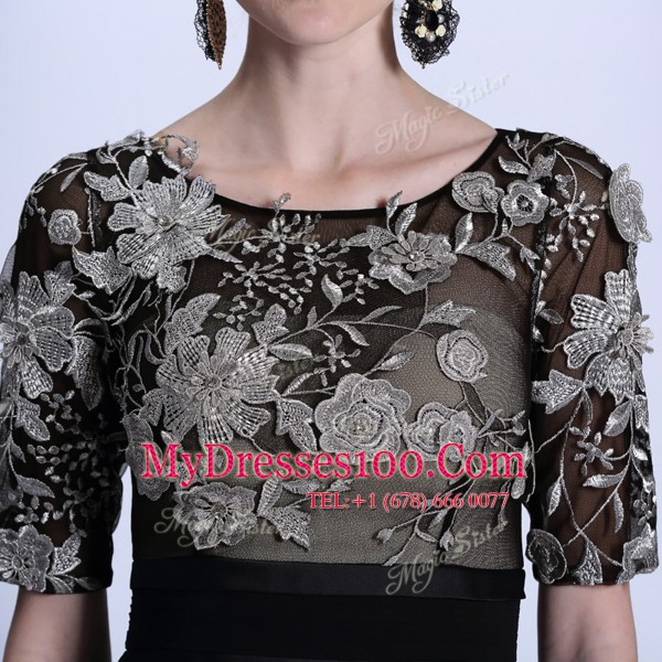 Fancy Column/Sheath Prom Gown Black Scoop Chiffon Half Sleeves Floor Length Zipper
