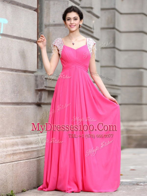 Hot Pink Cap Sleeves Floor Length Beading Zipper Junior Homecoming Dress