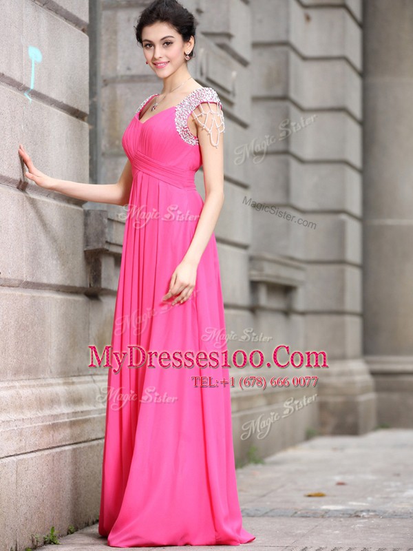 Hot Pink Cap Sleeves Floor Length Beading Zipper Junior Homecoming Dress