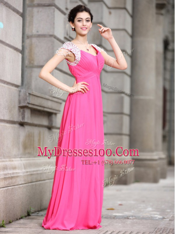 Hot Pink Cap Sleeves Floor Length Beading Zipper Junior Homecoming Dress