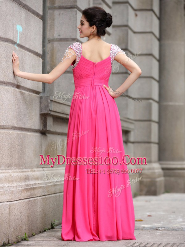Hot Pink Cap Sleeves Floor Length Beading Zipper Junior Homecoming Dress