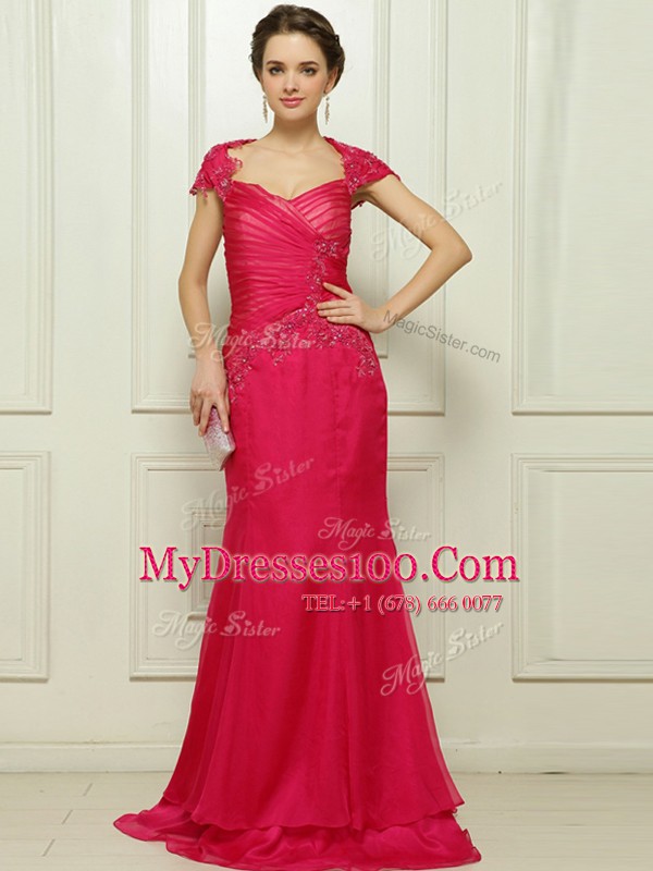 Noble V-neck Cap Sleeves Sweep Train Backless Mother Of The Bride Dress Hot Pink Chiffon