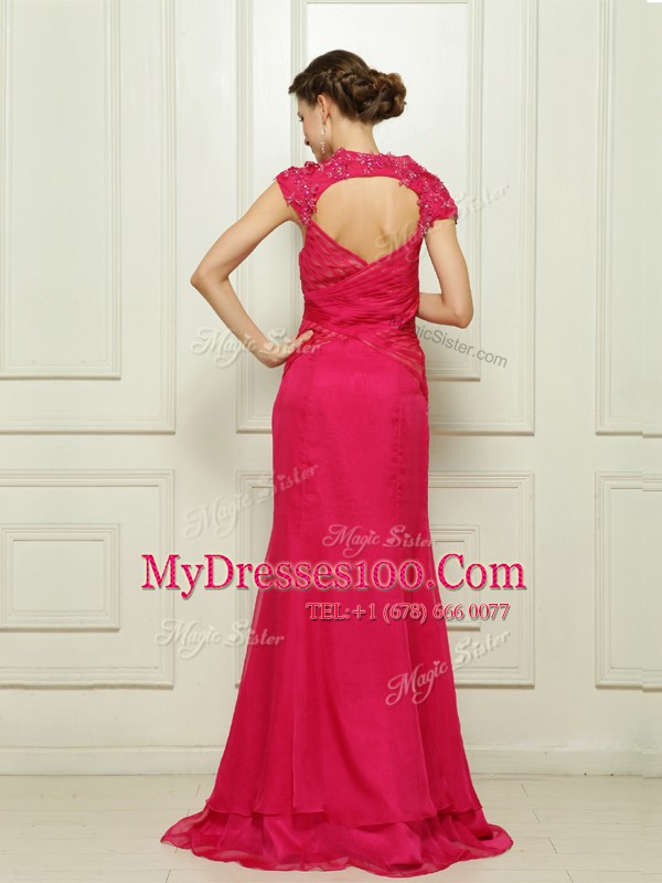 Noble V-neck Cap Sleeves Sweep Train Backless Mother Of The Bride Dress Hot Pink Chiffon
