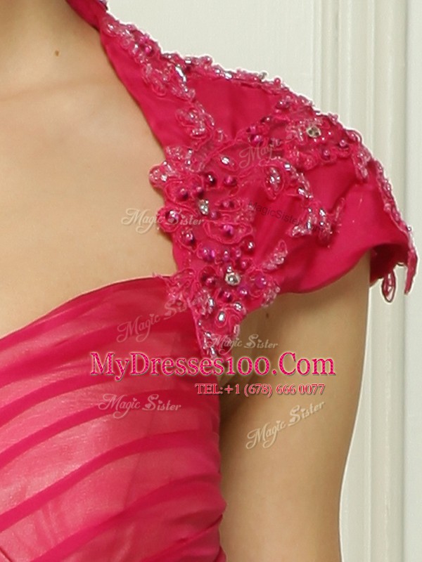 Noble V-neck Cap Sleeves Sweep Train Backless Mother Of The Bride Dress Hot Pink Chiffon