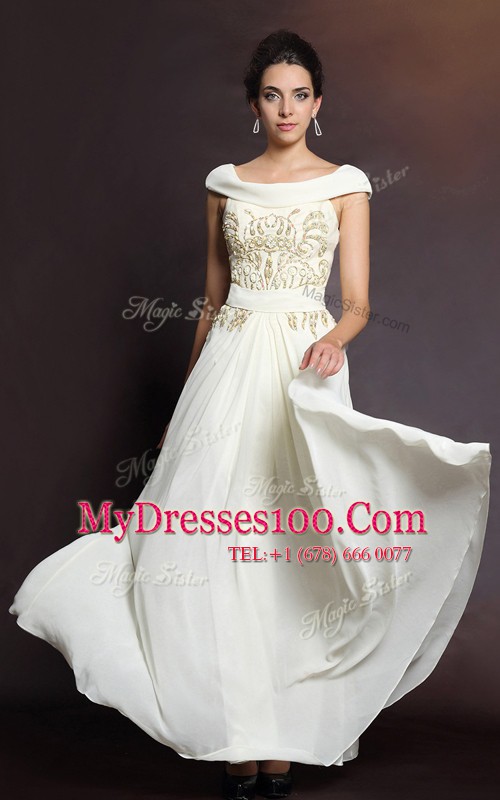 Exceptional Floor Length White Mother Of The Bride Dress Chiffon Cap Sleeves Beading