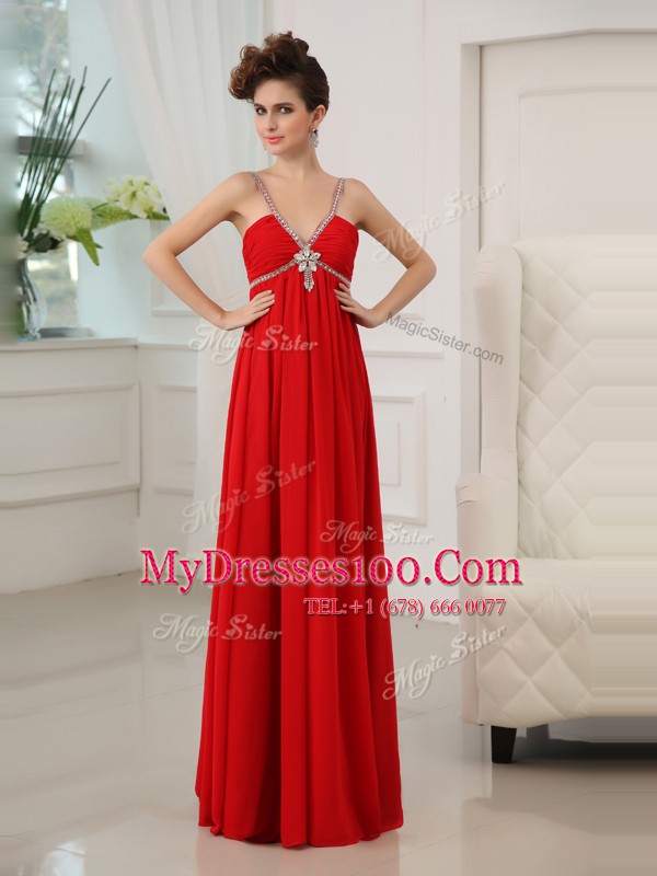 Red Chiffon Zipper Homecoming Party Dress Sleeveless Floor Length Beading and Ruching