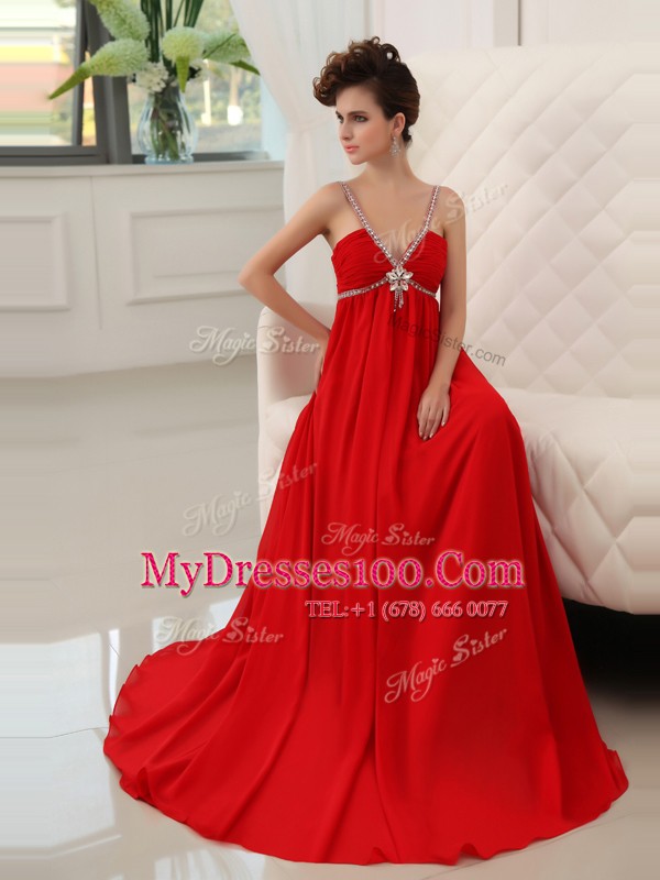 Red Chiffon Zipper Homecoming Party Dress Sleeveless Floor Length Beading and Ruching